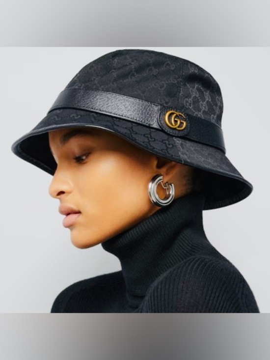 Gucci Accessories - Gucci Black GG Leather-Trim Canvas Bucket Hat w/Gold GG, 58cm, VGUC